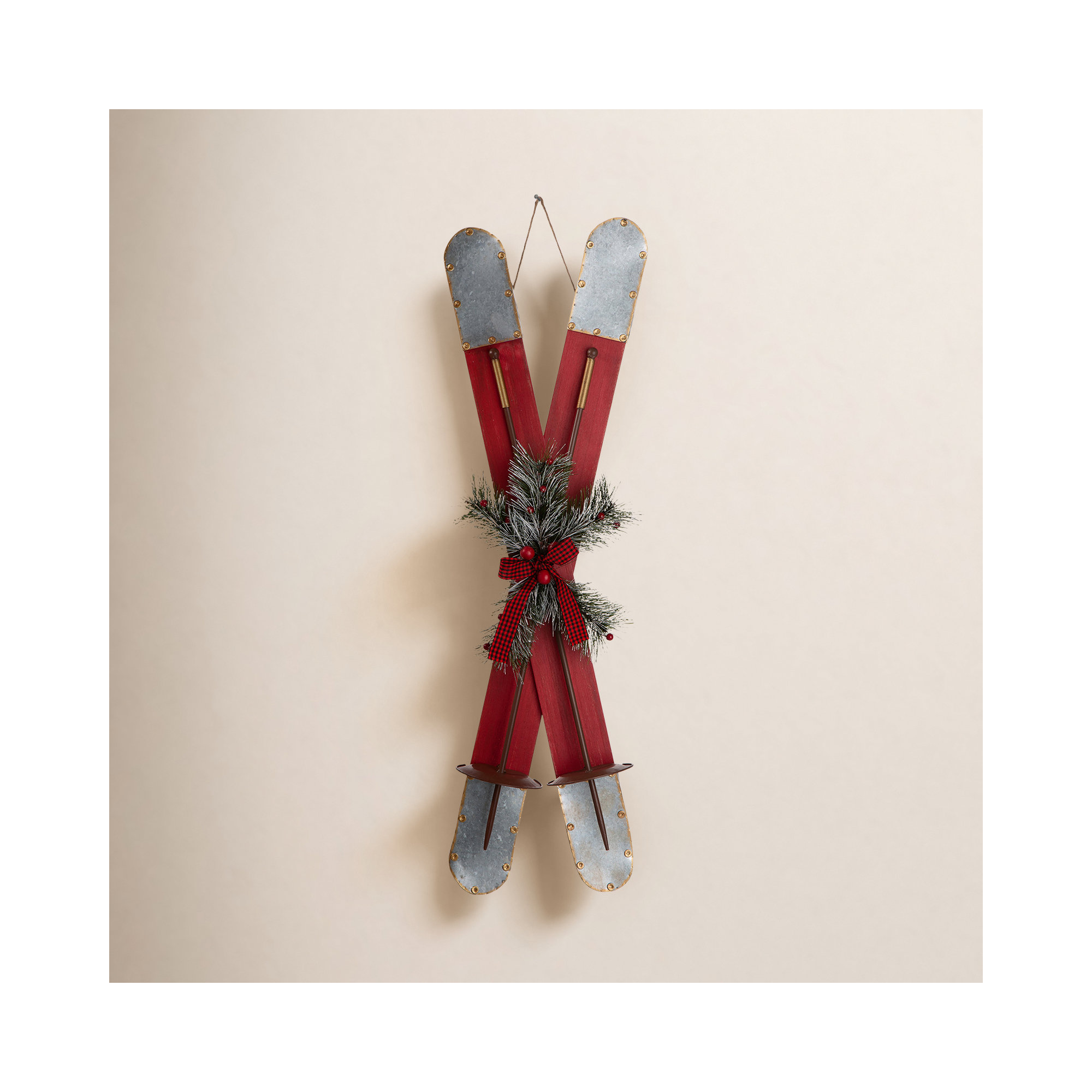 35"H Christmas Wooden/Galvanized Ski Décor, Red