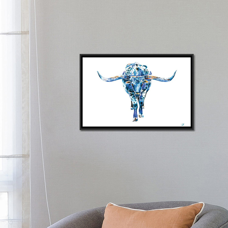 «Texas Longhorn», impression sur toile, H 18 po x l 26 po x P 1,5 po, Toile avec cadre noir, Pas de tapis