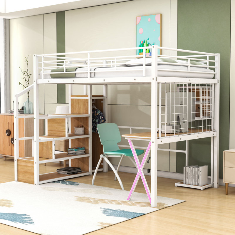 Metal Loft Bed with Integrated LED Light and Desk,Shelves, Full