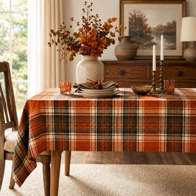 Rust Orange Plaid Tablecloth, Rustic Farmhouse Table Cover for Fall, Thanksgiving, and Seasonal Décor, 40" X 56"