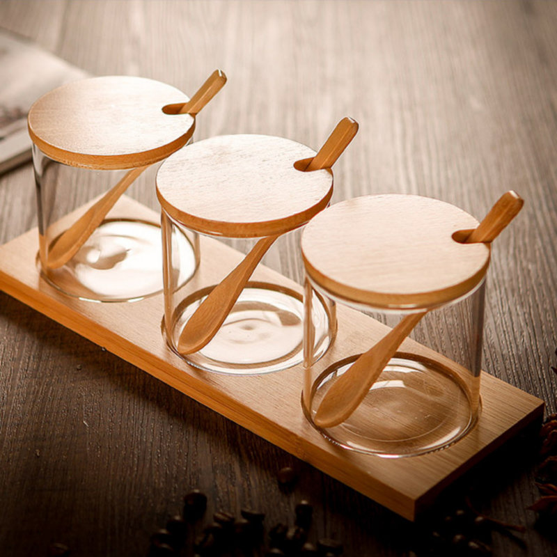 Glass Canister - Set of 3, Wood