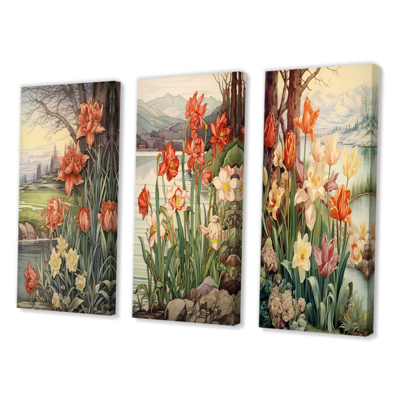«Red Tulips Blooming Retro Illustration II», 3 pièces, Toile tendue, H 32 po x l 48 po