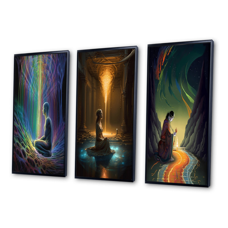 «Rainbow Energetic Body Matrix Meditation», 3 pièces sur toile, Cadre noir, H 48 po x l 32 po