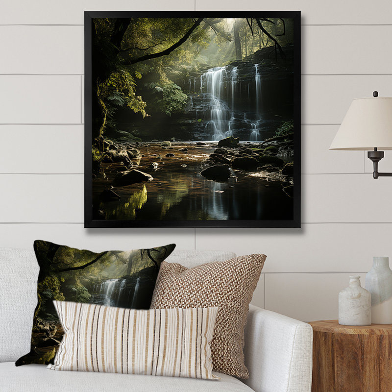 «Waterfall Cliff Scenery Magic IV», reproduction sur toile, H 16 po x l 16 po x P 1 po, Cadre simple noir