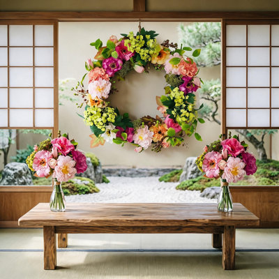 18 Inch Spring Peony Hydrangea Wreath, Rattan Farmhouse Floral Front Door Wall Decor