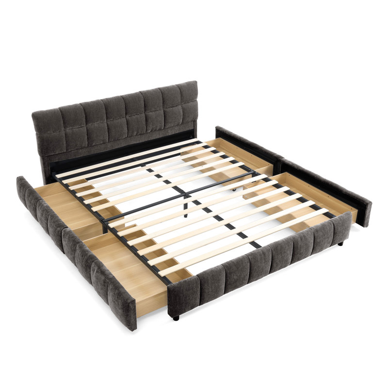 Grand lit tapissier gris foncé avec tissu doux et rangement - zone de détente avec tiroir confortable