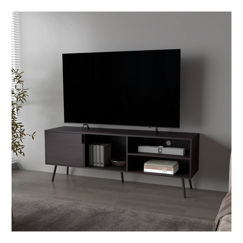 Meuble télé blanc avec rangement et porte ouverte, Blanc