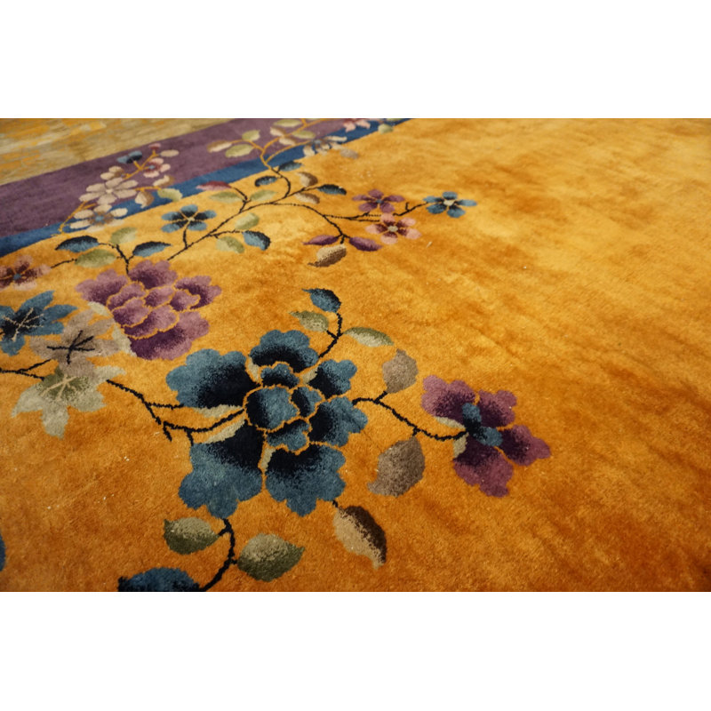 Yellow / Gold Orange Floral 1920s Hand Knotted Pile Wool Antique Rectangle Rug