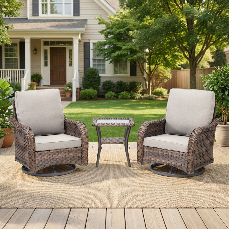 Chaises pivotantes d'extérieur en osier 3 pièces avec table d'appoint Arley, Beige