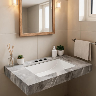 Comptoir en pierre frittée gris pâle de 30 pouces et lavabo encastré en céramique avec trois trous prépercés pour robinetterie standard