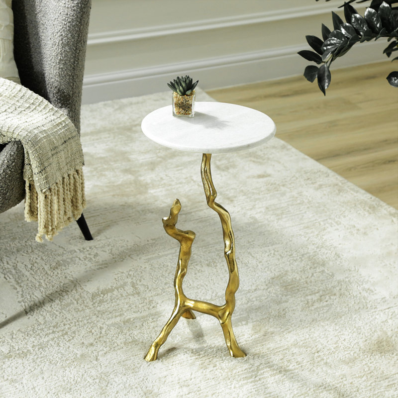 Marble Top Round End Table for Living Room, 55cm Tall Gold Metal Sofa Side Table, Accent Table