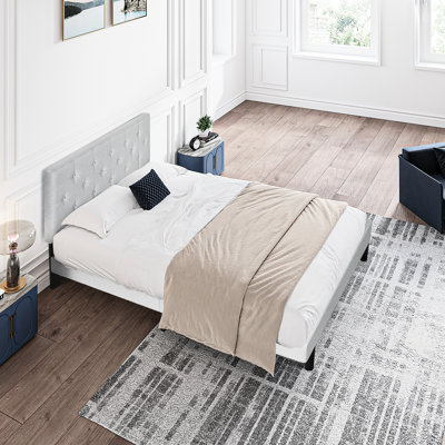 Modern Twin Size Bed Frame With Button Linen Headboard, No Box Spring Needed, Wood Slat Support, Easy To Assemble, Grey, For Bedroom Use Upholstered Required, Assembly, Grey, Furnishing Feature, 300