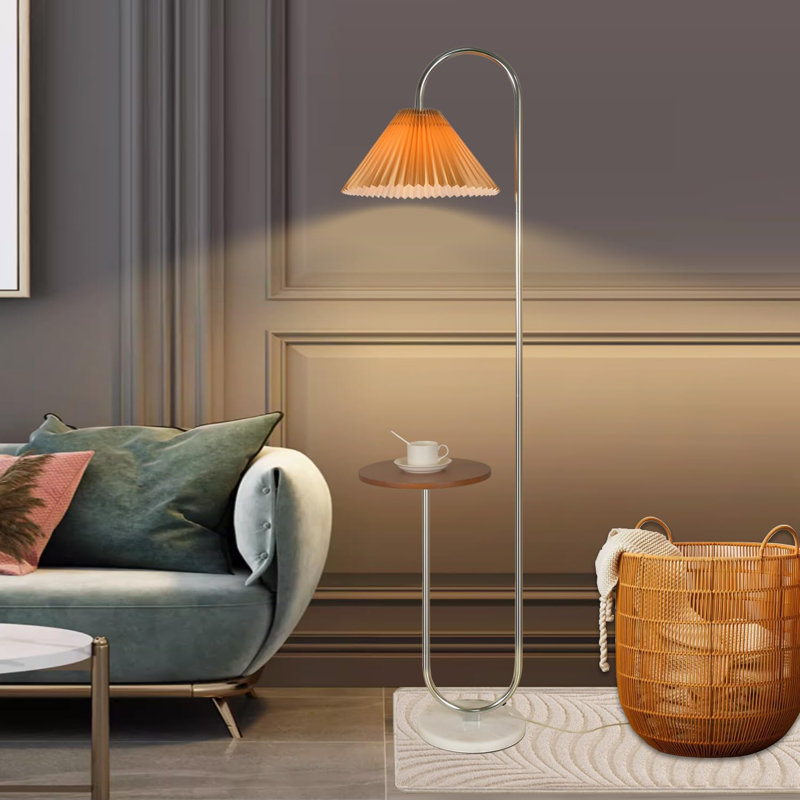 Modern Elegant Floor Lamp With Tray, Foot Switch And Chrome Finish - Pleated Shade, Orange
