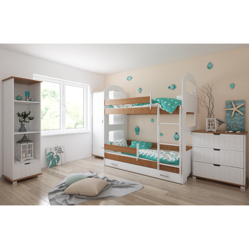 Peterkin Bunk Bed with Built-in Ladder Included, Oak, With Drawer, 80 x 180 cm