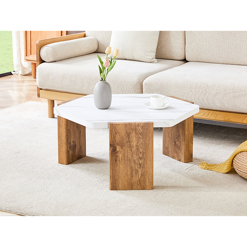 Table basse de 31 pouces, pentagonale, blanche, plateau de table imitant le marbre réaliste, support en placage de bois triangulaire, support de 250 lb