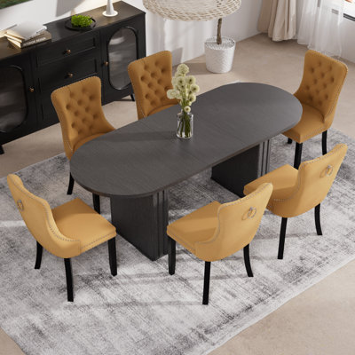 Wooden Farmhouse Dining Table Set, Rectangle Extendable Dining Table with Tufted Velvet Dining Chair for Dining Room