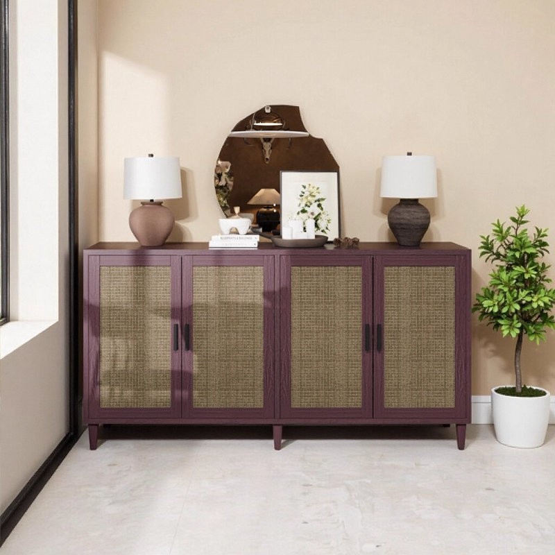 Buffet 70 po en rotin avec 4 portes et tablettes réglables - Buffet brun pour la cuisine, le salon, la salle à manger, Brun