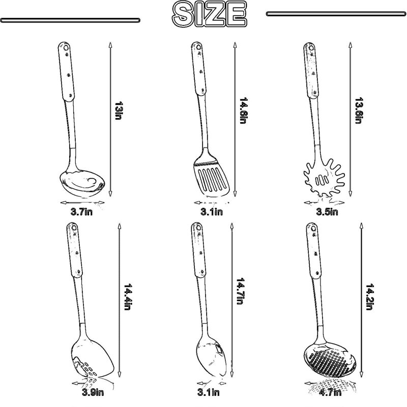 Ensemble d'ustensiles de cuisine 6 pièces en acier inoxydable avec poignées en bois - Outils de cuisson polis miroirs, y compris Turner, Spatule, Louche, Écumoire, Cuillère solide et Fourchette à pâtes