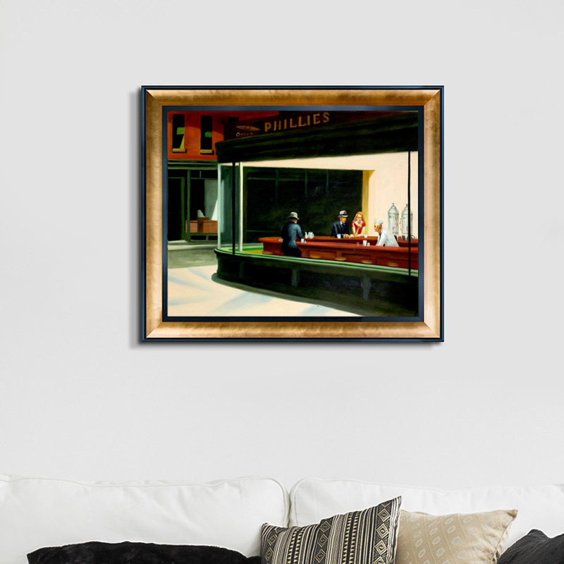 «Nighthawks» par Edward Hopper - reproduction d'art sur toile, H 25,5 po x l 29,5 po x P 2 po, Doré / Noir