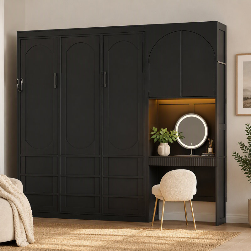 Grand lit escamotable avec armoire latérale réversible de gauche à droite, lumières à DEL, tiroirs et armoires à tablettes de rangement multiples