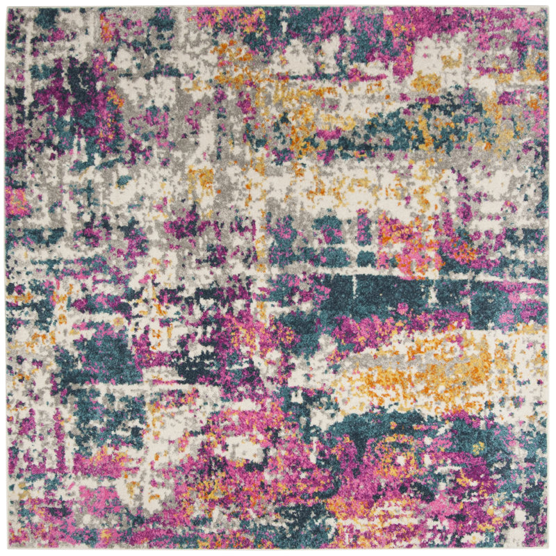 Christa Abstract Ivory/Blue Area Rug, Square 6'7"
