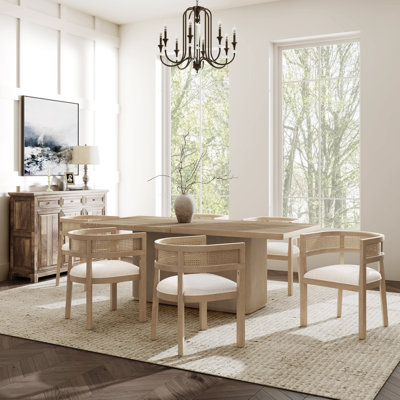 Michaelin 7-Piece Mid-Century Modern Dining Set With Rattan Back Chairs And Rectangular Pillar Base Table