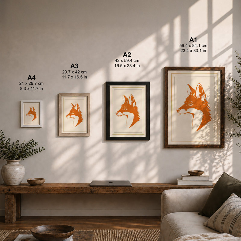 Fox Profile Graphic Art - Framed Print, Oak, A3 - 42.0 x 29.7 cm
