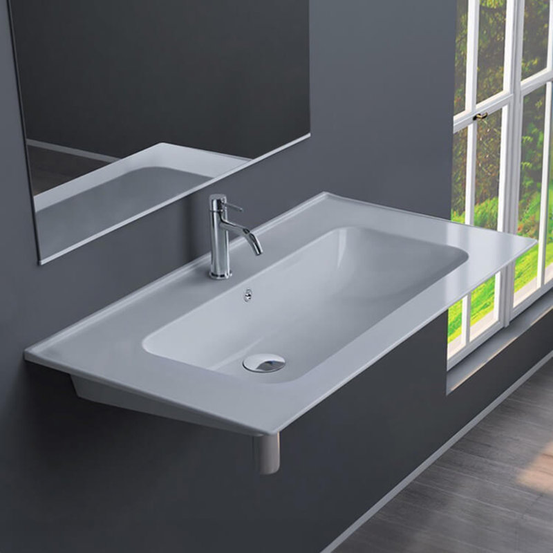 White Ceramic Rectangular Wall-Mount Bathroom Sink with Overflow
