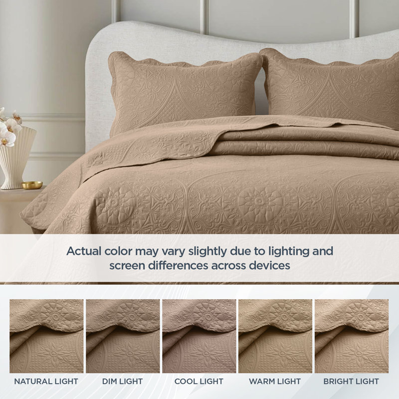 Ensemble de couvre-lit matelassé à motif floral - Doux literie en microfibre légère avec taies décoratives réversibles, Beige