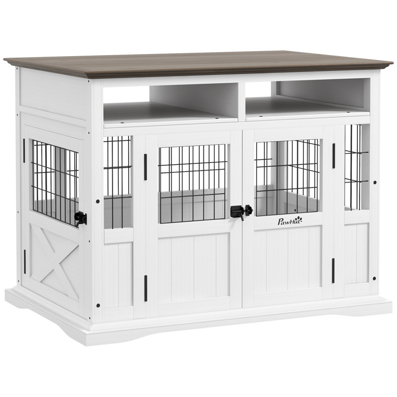 Table d'appoint pour chien avec rangement, cage de chien moderne en bois 41 po avec portes doubles pour petits et moyens chiens, blanc