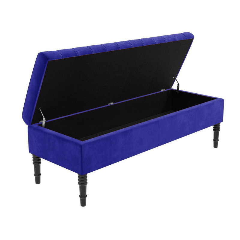 Safar Striped Ottoman Storage Bench – Upholstery Plush Velvet Shoe Bench with Black Turned Wooden Legs, Sapphire Blue
