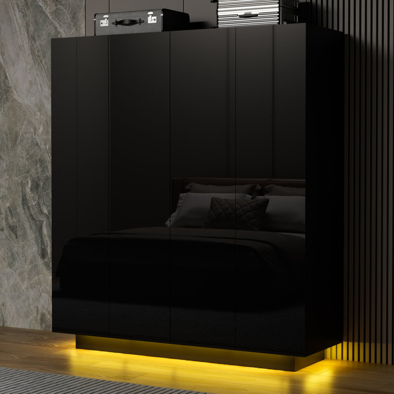 4-Door Armoire with High Gloss Finish and LED Lights, Black