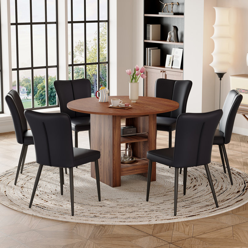 Table de salle à manger 42 "Mid-Century, Noyer, Noir, 7 pièces : table, 6 chaises