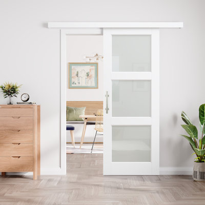 Porte de grange coulissante dissimulée à 3 coulisses avec garde-corps en verre givré apprêté blanc avec poignée nickelée double face (aucun assemblage requis)