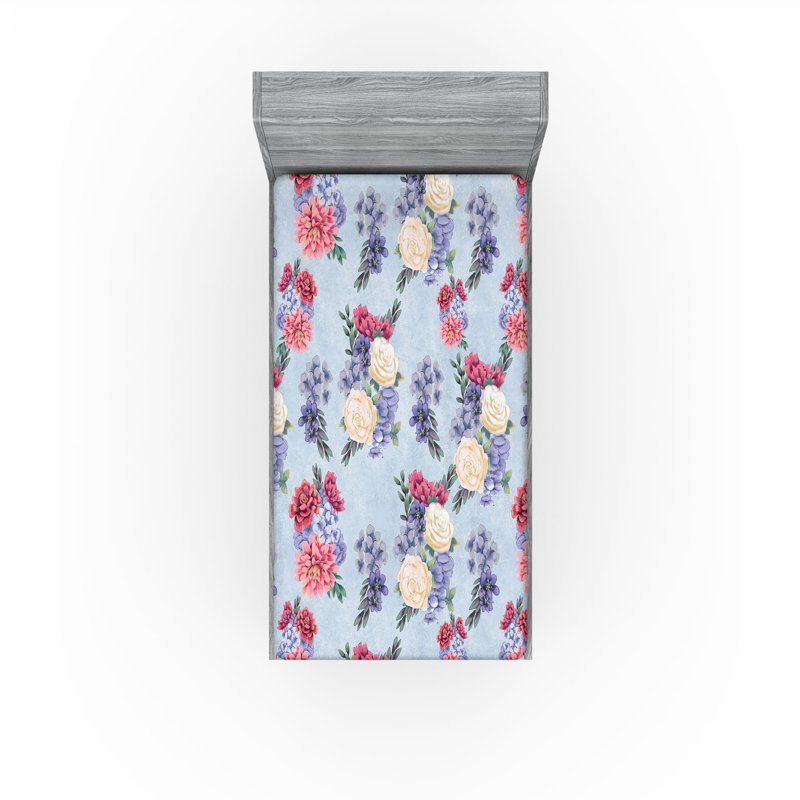 Drap-housse rustique Ambesonne, Twin Fitted Sheet, Bleu ciel foncé, bleu sarcelle pâle / floral