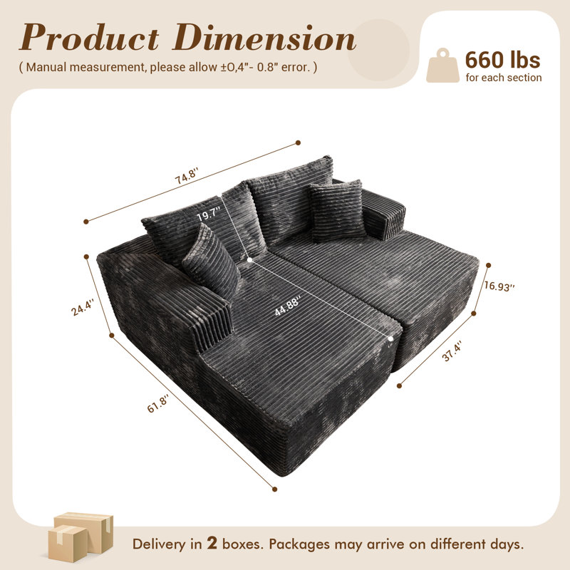 Cloudelle Compression Packed 4 - Piece Boneless Corduroy Sectional - No Assembly Required, Gray