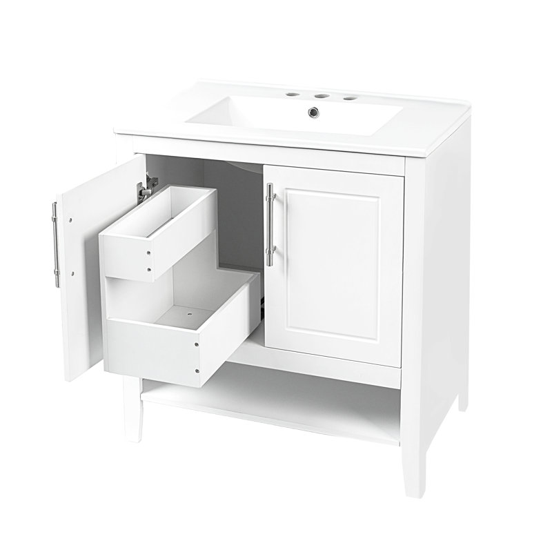 Meuble-lavabo 30 po avec lavabo, armoire de salle de bain multifonctionnelle avec portes et tiroirs, structure solide et panneau en bois aggloméré, blanc
