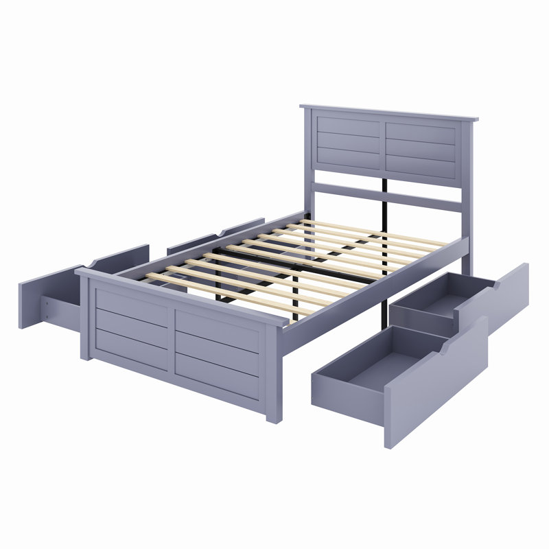  Lit plateforme simple en bois massif avec 4 tiroirs de rangement, pour enfants, adolescents, bleu gris, Bleu, Lit simple