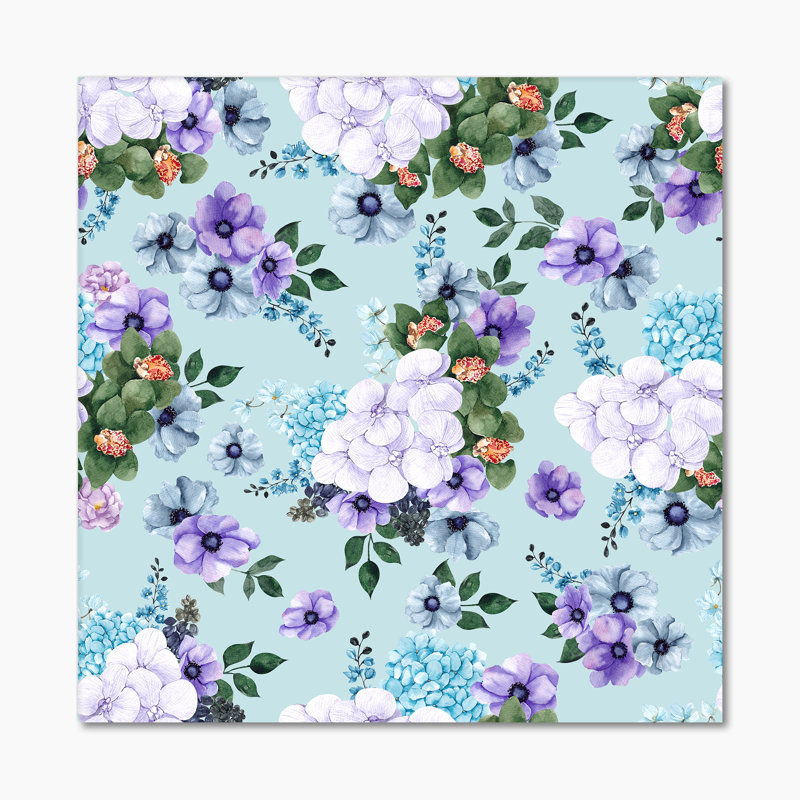 Fleurs blanches et oranges sur bleu clair - peinture sur toile, Toile tendue, H 16 po x l 16 po