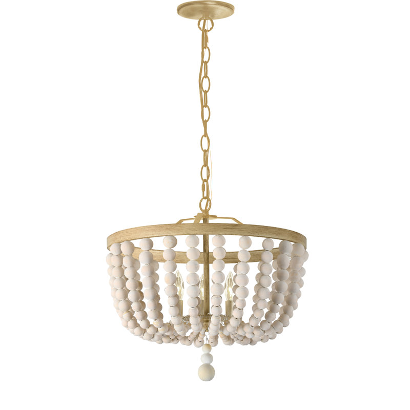 Luminaire suspendu perlé 3 lumières Moro, Laiton vieilli, Blanc rétro / naturel