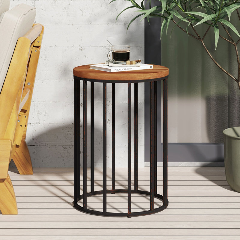 Table d'appoint d'extérieur cylindrique avec plateau rond en bois massif et structure en métal
