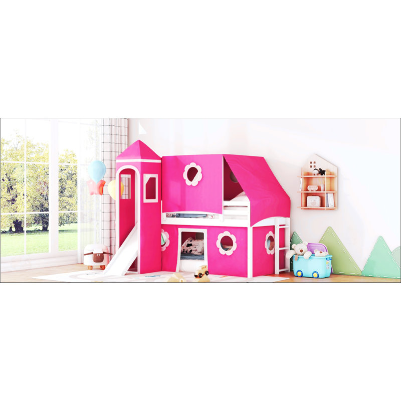 Lit mezzanine simple avec glissoire, tente rose et tour pour enfants - Design amusant et fonctionnel