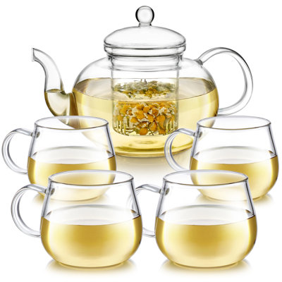 Heatproof Glass Teapot Set With Removable Loose Tea Infuser (Standard Size: 32Oz/946Ml) And Four Borosilicate Glass Teacups (7Oz/207Ml) - Lead-Free Complete Tea Set