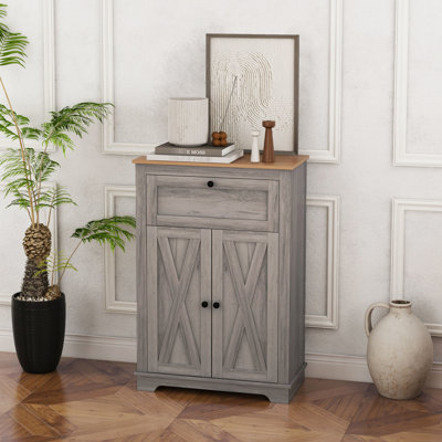 Armoire basculante - Design de porte de grange, gris pour chambre à coucher, armoire de rangement pour le salon. Portes doubles, tiroir et tablette réglable. Pour chambre à coucher. Beaucoup d'espace. Pourboires. Panneau de particules