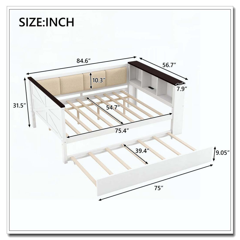 Full Size Wood Daybed with Storage Shelves, Upholstered Backrest,USB and Trundle, White, Full
