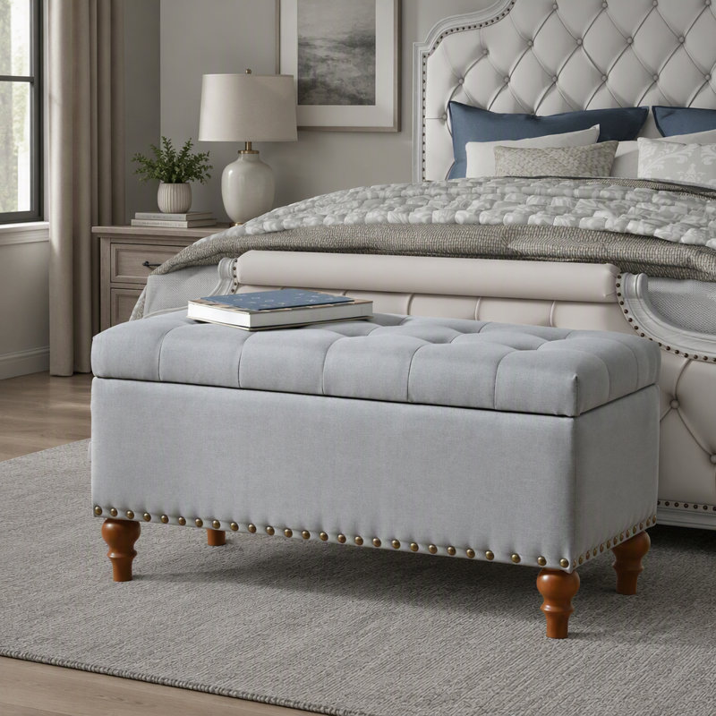 Banc coffre ottoman en lin avec charnière facile à ouvrir, garniture rivetée et utilisation polyvalente pour la chambre et le salon