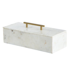 KhanImports Decorative White Marble Box, Stone Box with Lid - Rectangular,  5 Inch