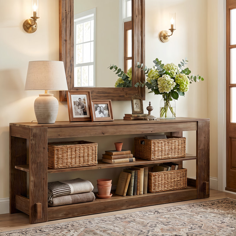 Console basse 63 po en bois massif, table de canapé d'entrée étroite avec tablettes de rangement à lattes, table d'appoint rustique pour petits espaces