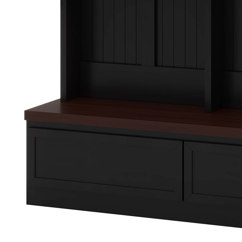 Portemanteau en bois avec banc et tiroirs de rangement Farmhouse, portemanteau 4-en-1, Noir