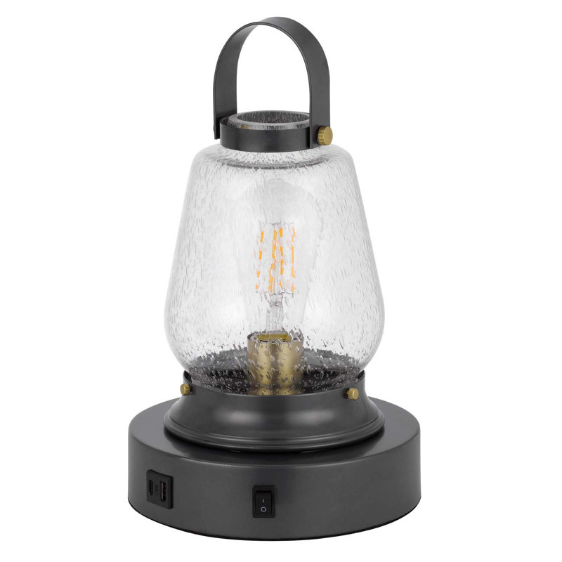 Lampe de table Terni Accent - 33 cm (13 po) de hauteur, métal bronze foncé, verre bullé transparent, 60 W, culot E26, interrupteur marche/arrêt, 1 port USB et 1 port USB-C, style lanterne